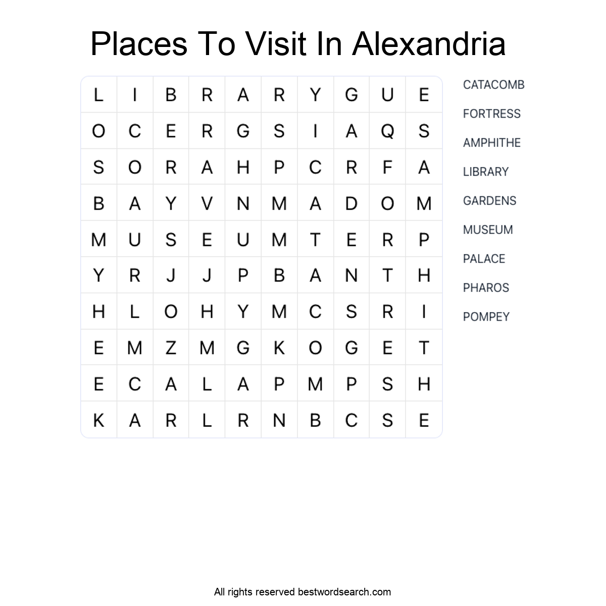 PLACES TO VISIT IN ALEXANDRIA Word Search Puzzle