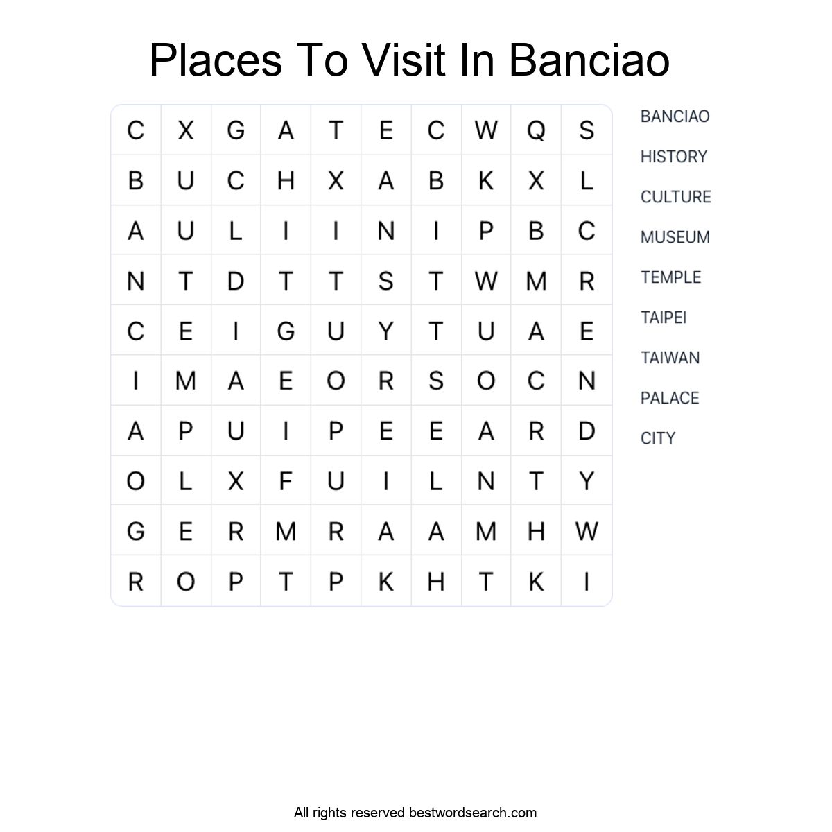 PLACES TO VISIT IN BANCIAO Word Search Puzzle