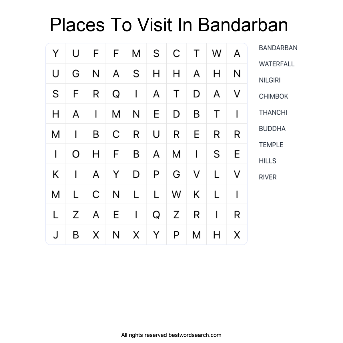 PLACES TO VISIT IN BANDARBAN Word Search Puzzle