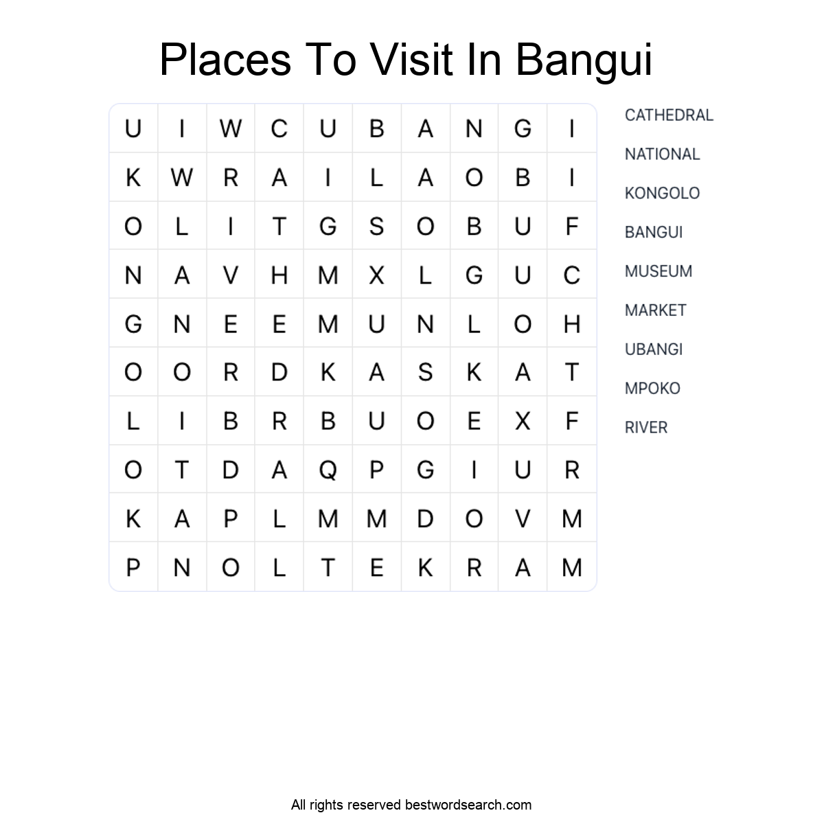 PLACES TO VISIT IN BANGUI Word Search Puzzle