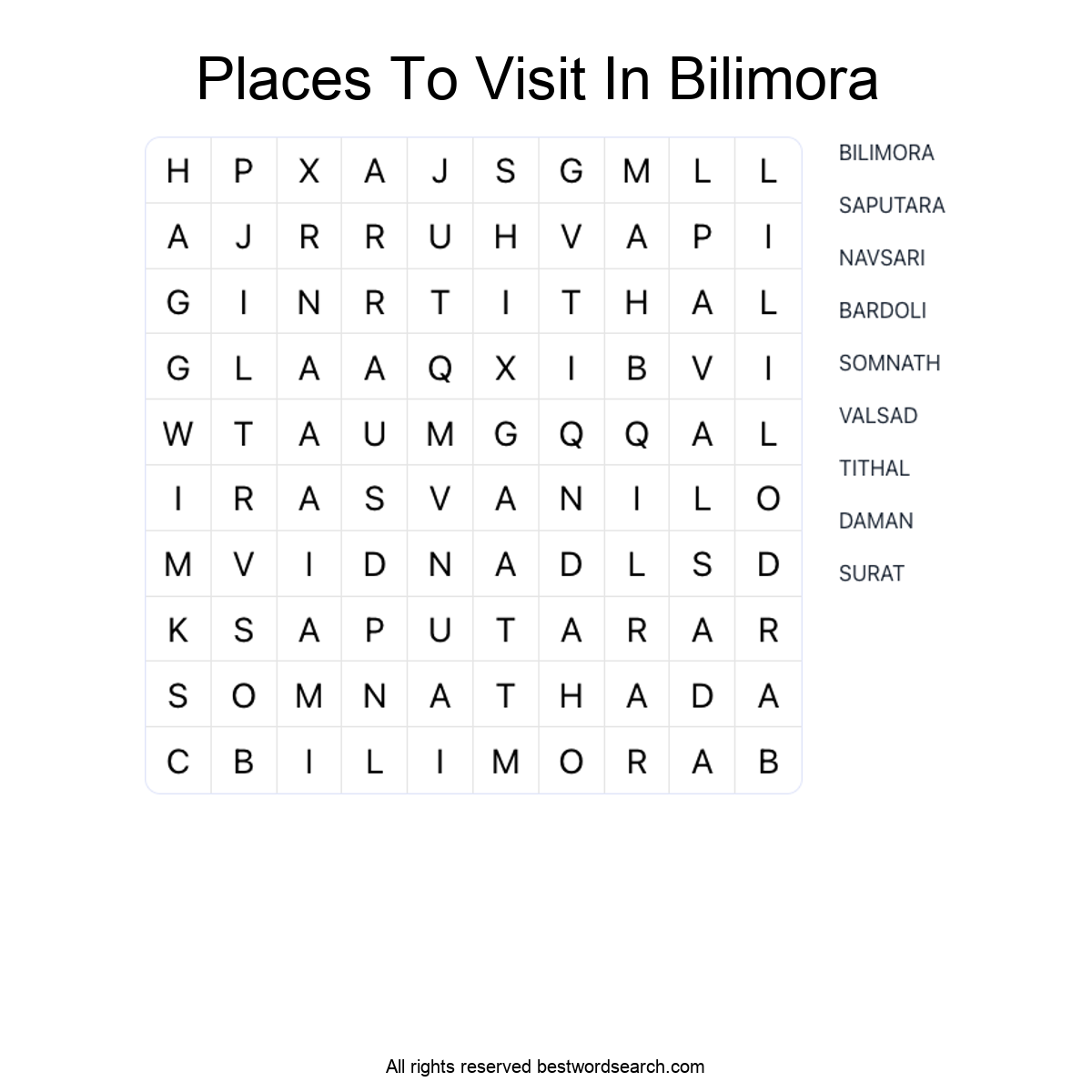 PLACES TO VISIT IN BILIMORA Word Search Puzzle