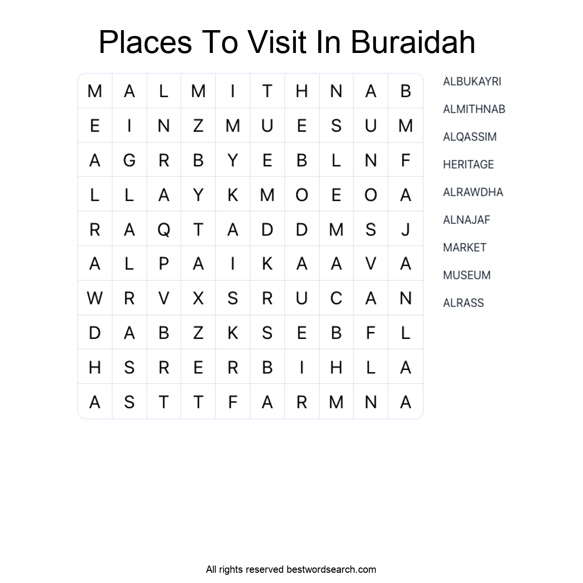 PLACES TO VISIT IN BURAIDAH Word Search Puzzle