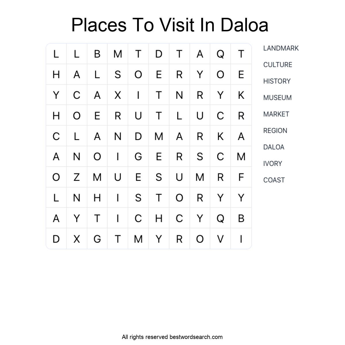 PLACES TO VISIT IN DALOA Word Search Puzzle