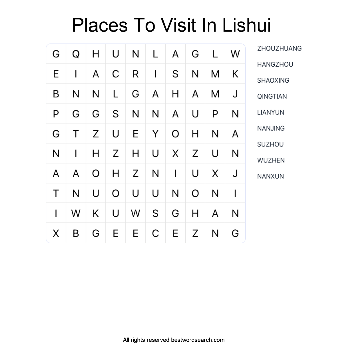 PLACES TO VISIT IN LISHUI Word Search Puzzle