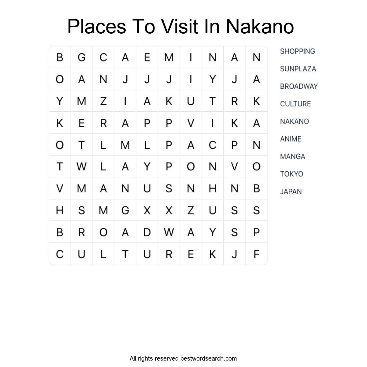 PLACES TO VISIT IN NAKANO Word Search Puzzle