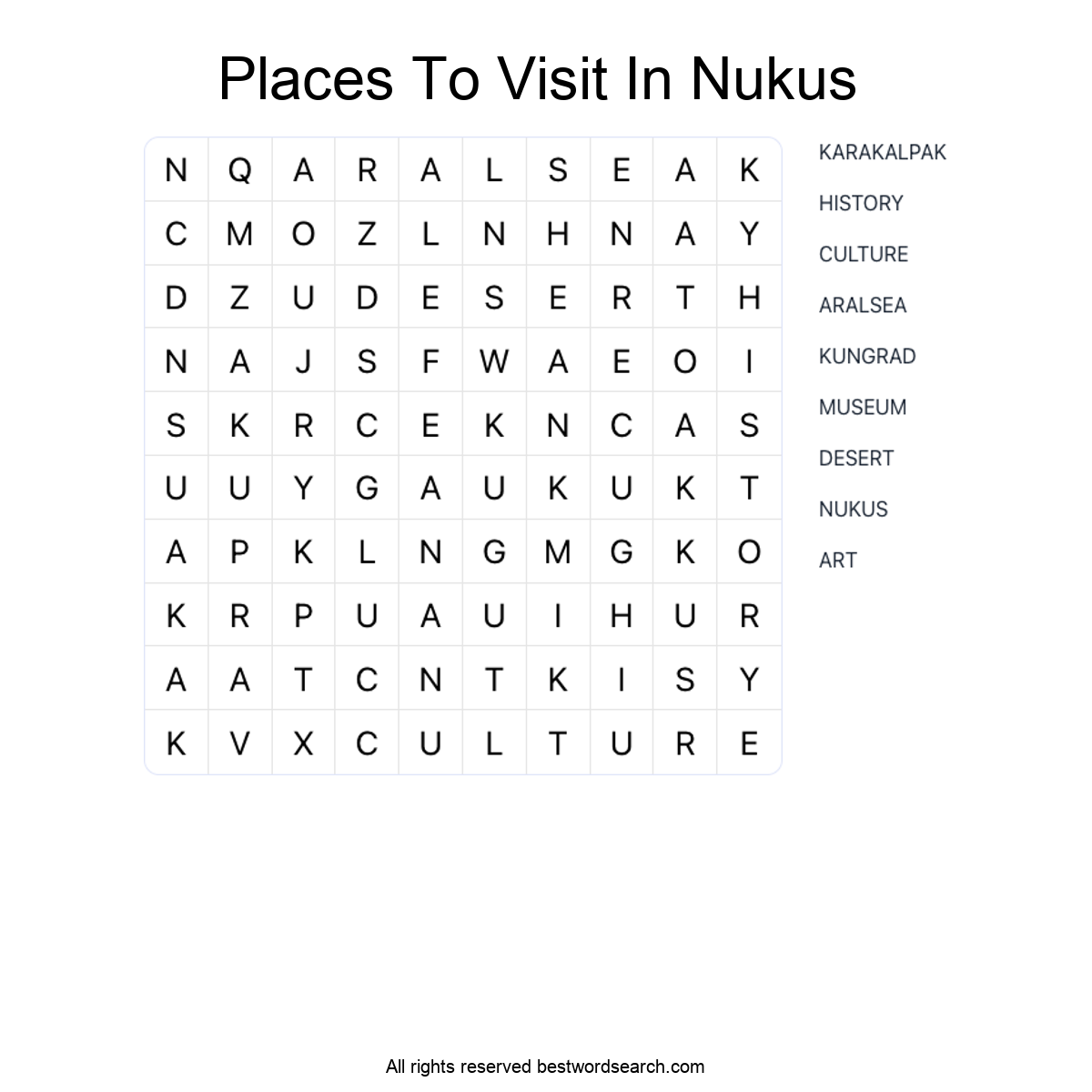 PLACES TO VISIT IN NUKUS Word Search Puzzle