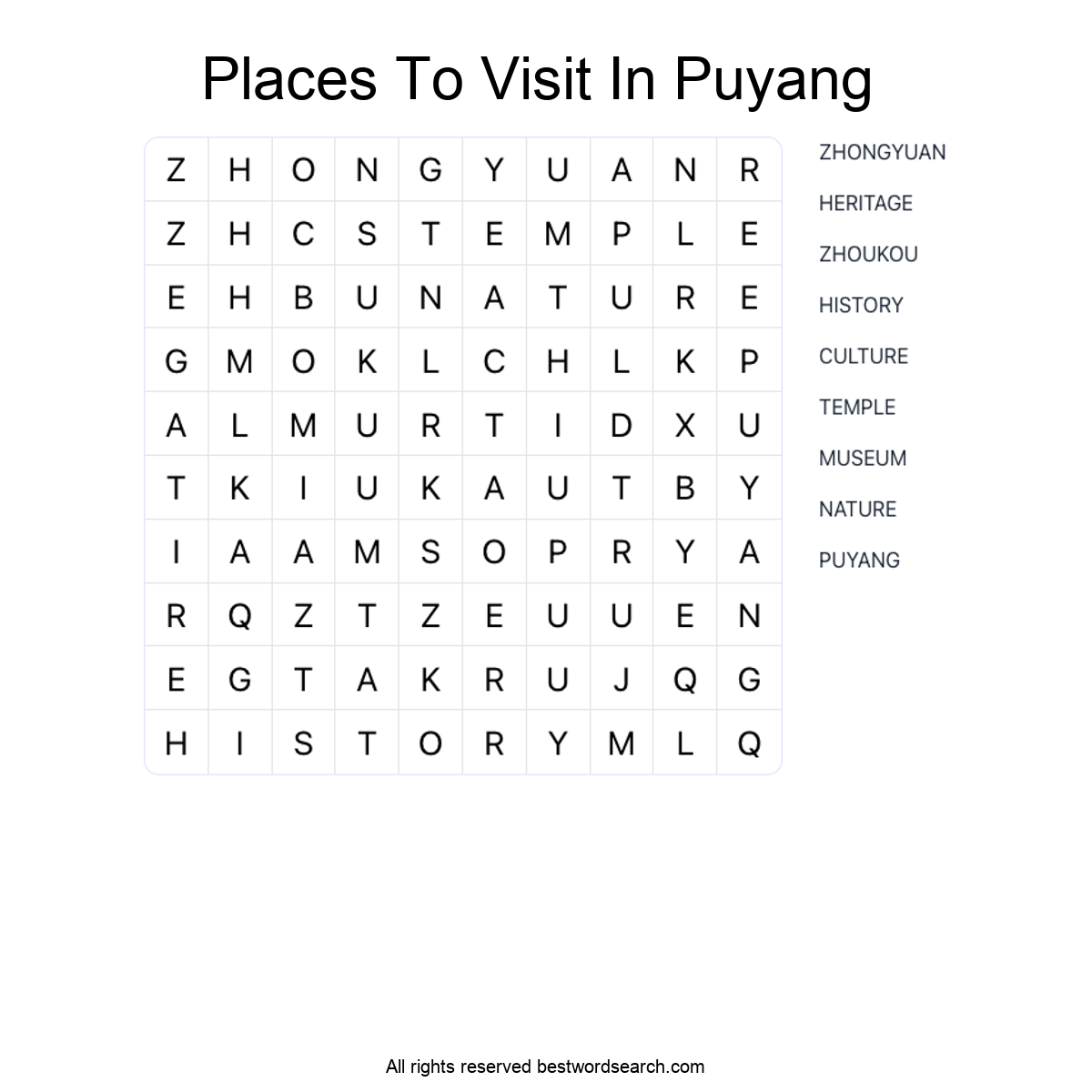 PLACES TO VISIT IN PUYANG Word Search Puzzle
